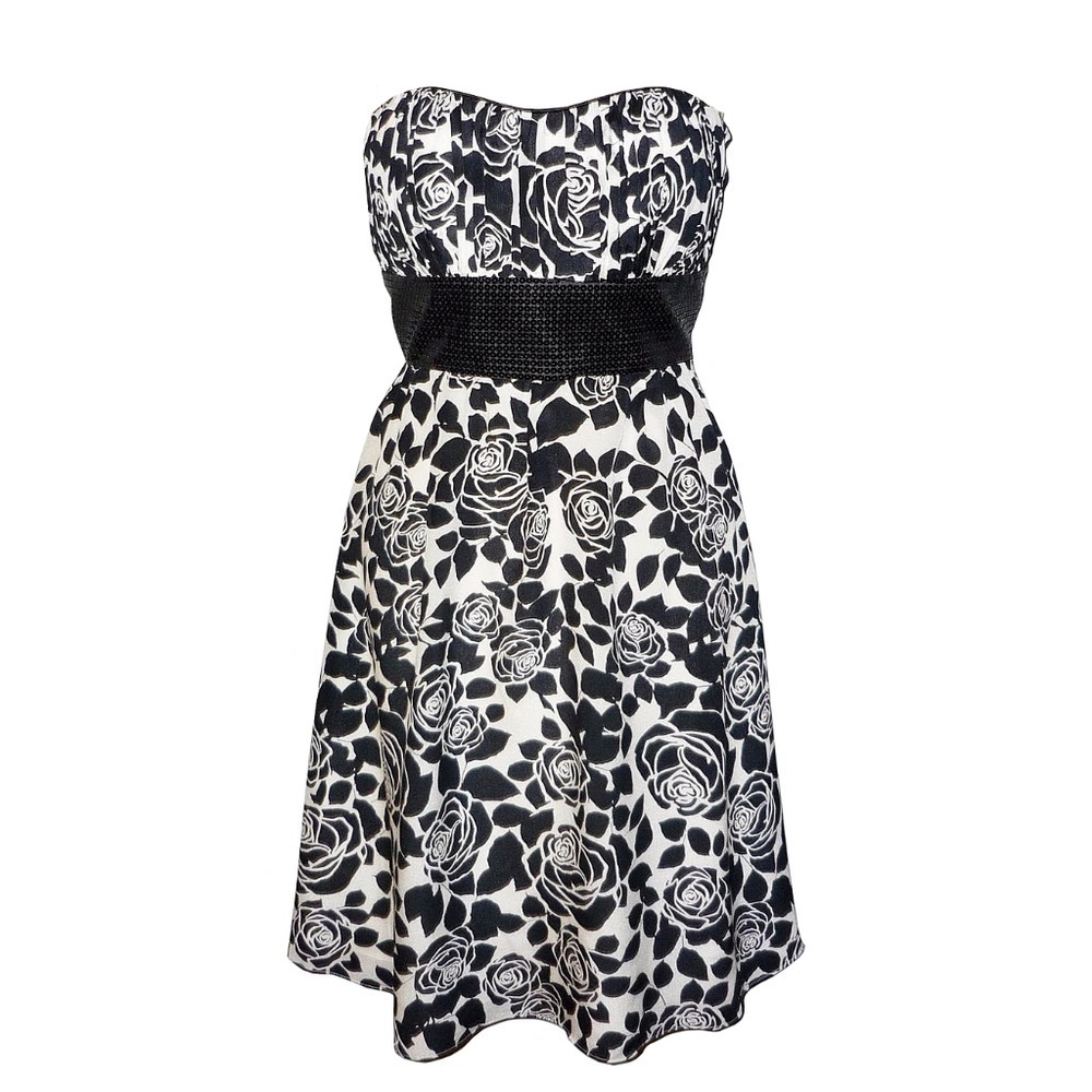 Black White Floral Silk Strapless Cocktail Dress 4